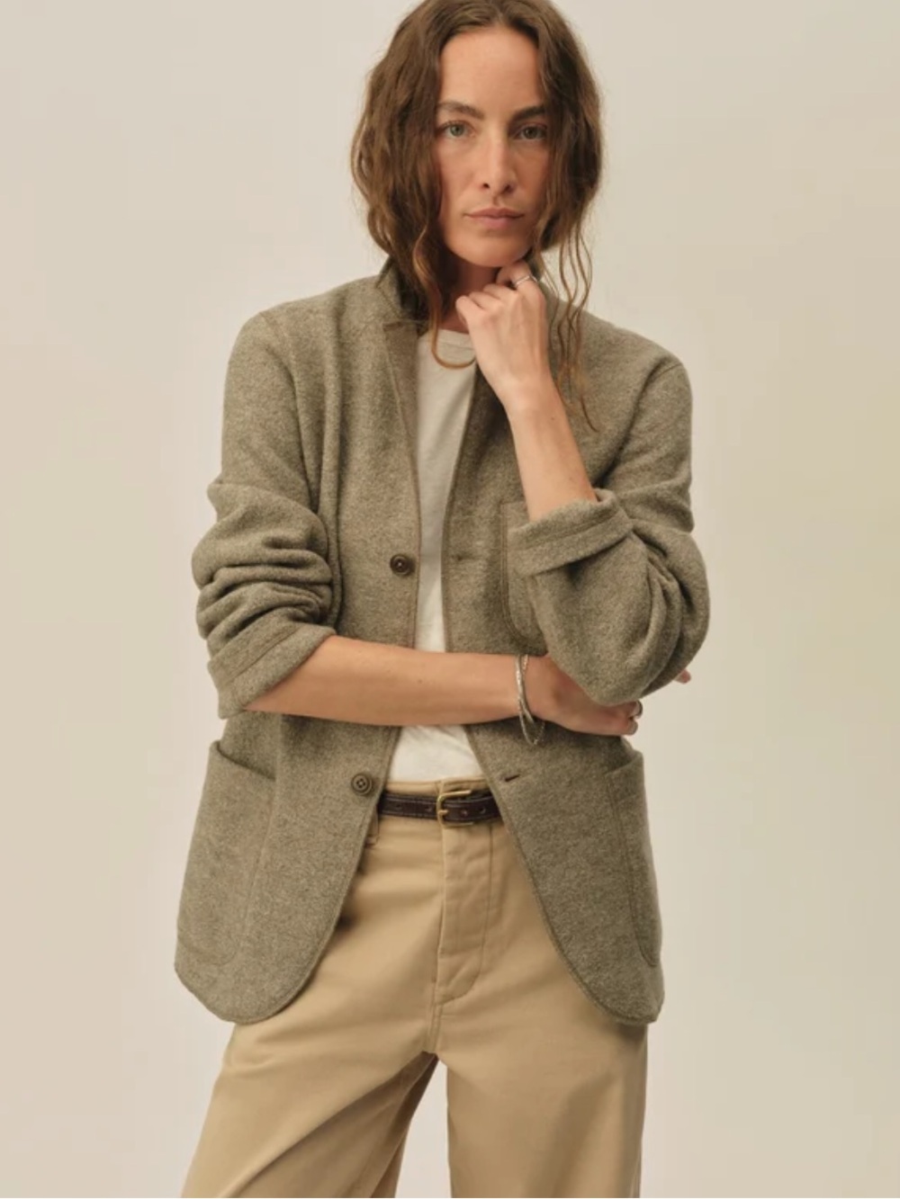Buck Mason felted wool chore coat size XS new heather stone tan merino wool